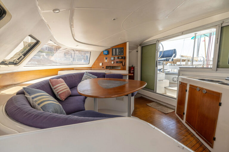 Interior salon lounge and galley aboard Chiquita catamaran