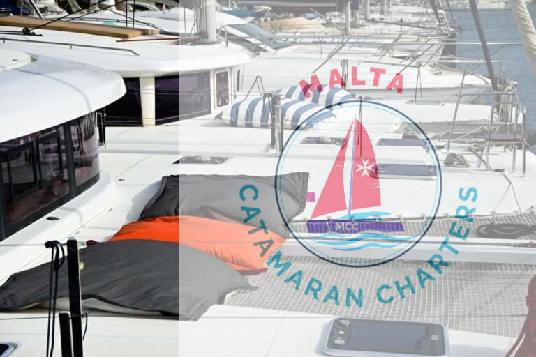 Bow cushions and trampoline netting aboard Bowie Lagoon 42 catamaran at the marina