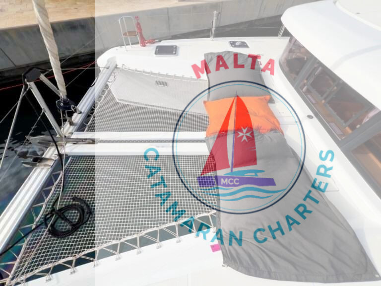 Bow trampoline netting with cushions aboard Bowie Lagoon 42 catamaran