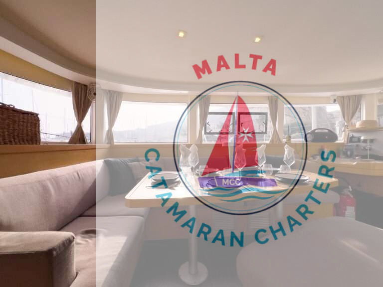 Interior salon dining table aboard Bowie Lagoon 42 catamaran