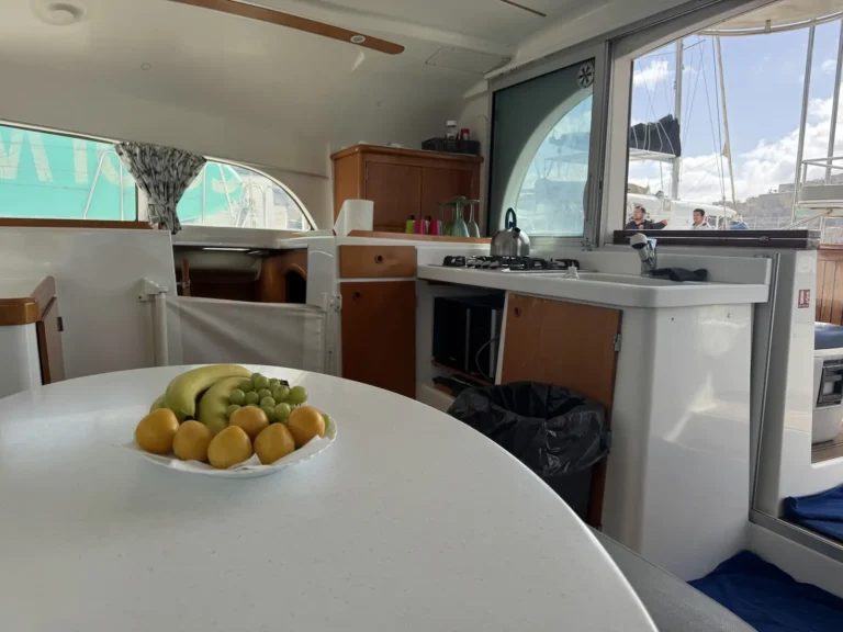 Galley kitchen with hob and sink inside the Cicciolina Mia catamaran