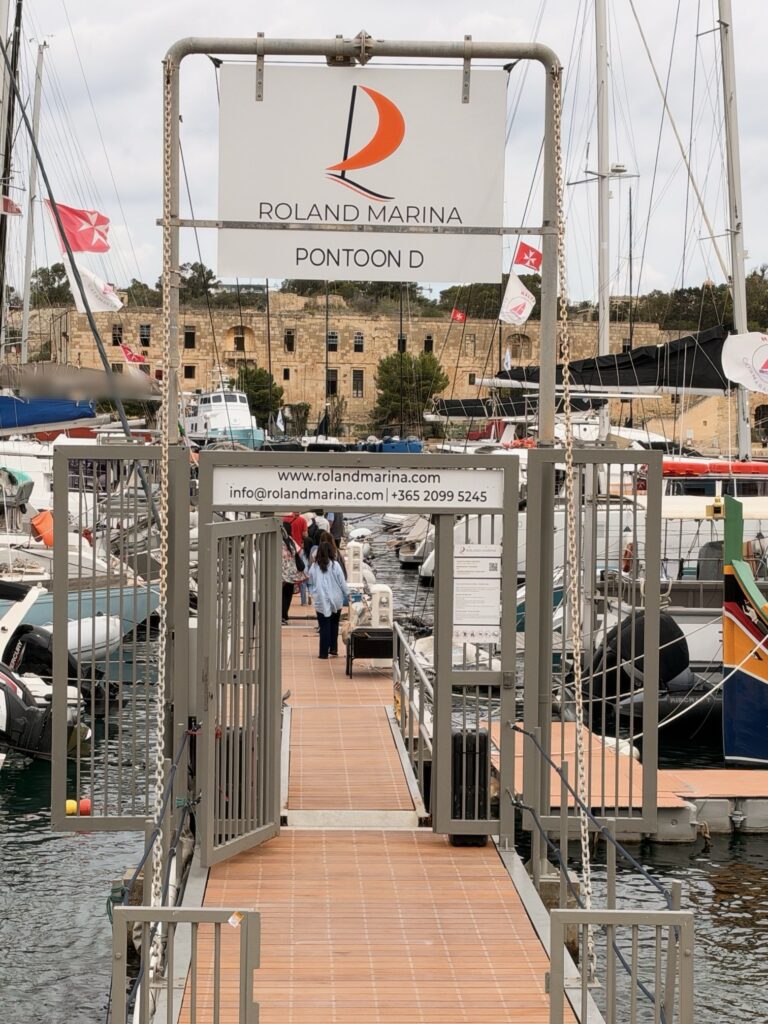 Entrance gate to Pontoon D at Roland Marina, Ta' Xbiex, the boarding point for Malta Catamaran Charters